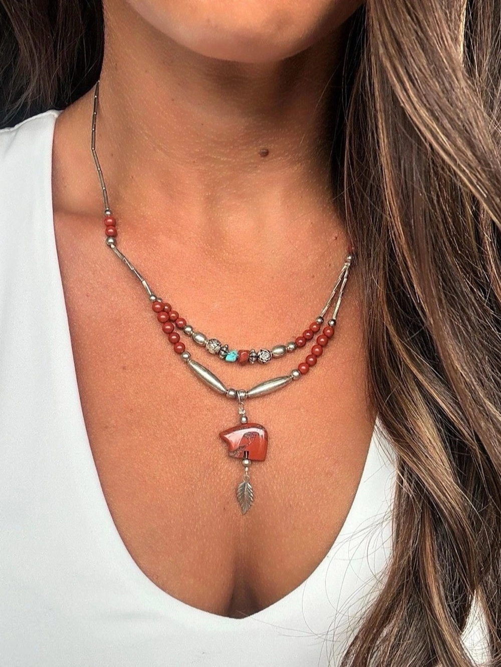 18” Southwestern Red Jasper Bear Necklace Double Strand Silver Feather